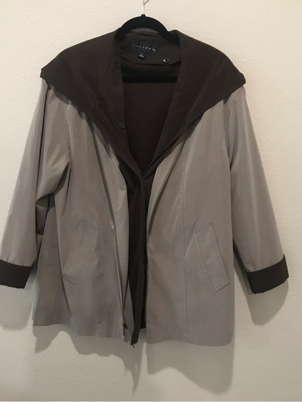 Women's Two-Tone Hooded Coat in Taupe and Dark Brown